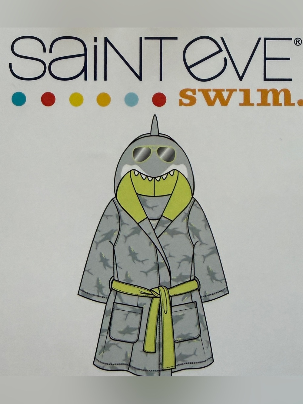 Saint Eve Kids Shark Hooded Swim Cover-up, 100% Cotton-Gray with Lime Trim, L